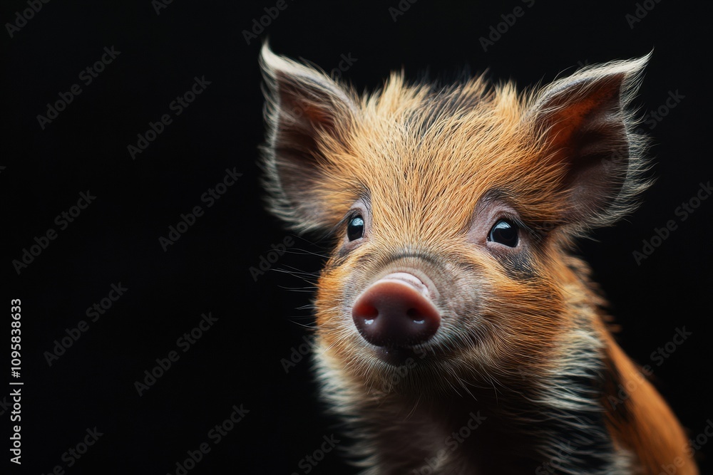 Mystic portrait of baby Wild Boar in studio, copy space on right side, Headshot, Close-up View, isolated on black background