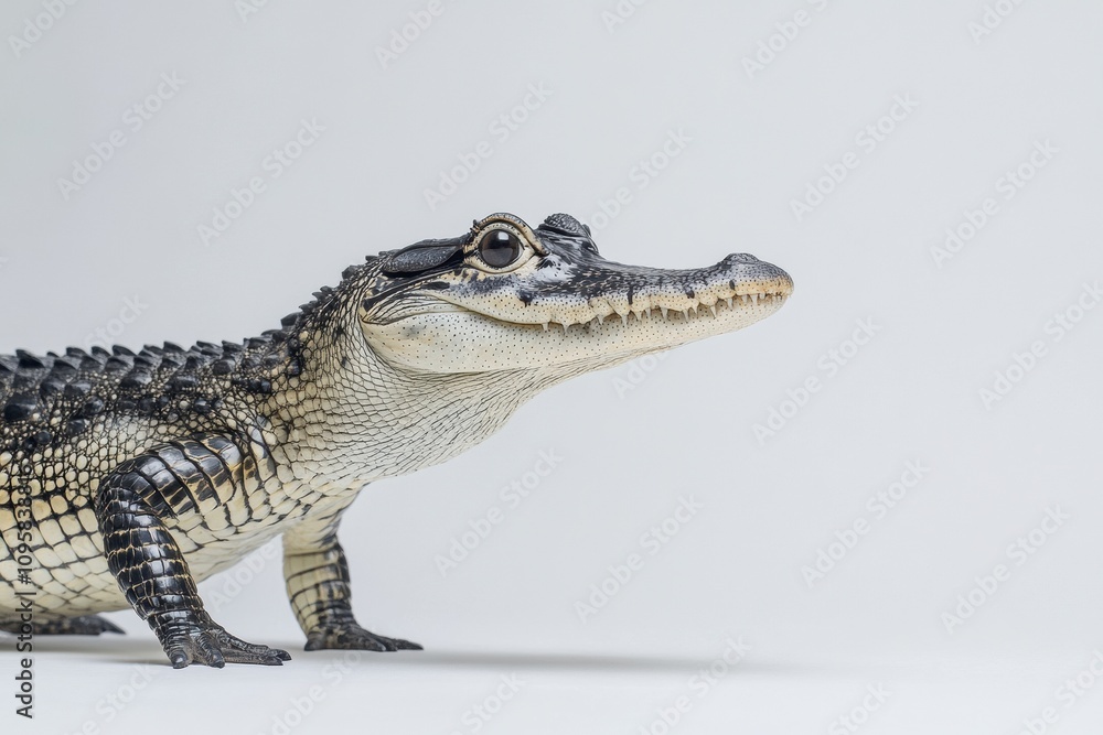 Fototapeta premium the beside view baby Gharial standing, left side view, low angle, white copy space on right, Isolated on White Background