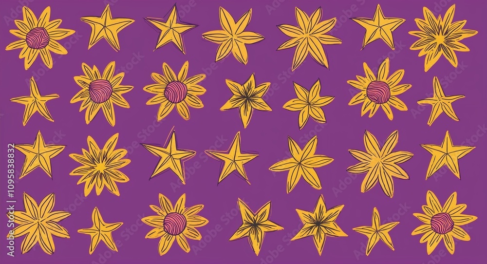 Yellow Star pattern hand drawn design on Purple background illustration Yellow Star pattern hand drawn design on Purple background illustration