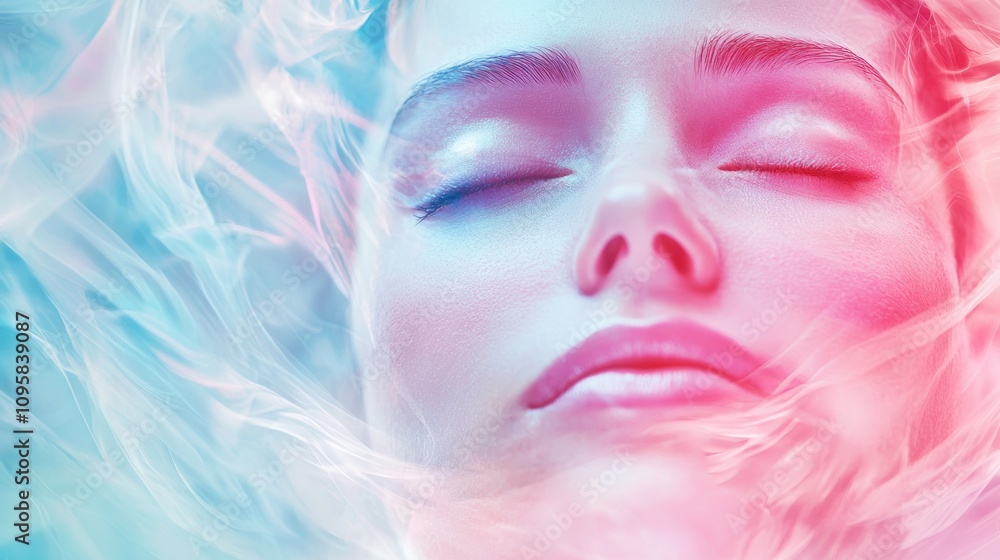 Clear mind with a serene face, surrounded by soft colors and calming visuals Clear mind with a serene face, surrounded by soft colors and calming visuals