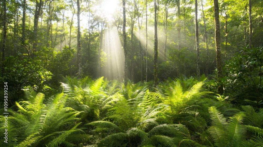 Fototapeta premium Enchanted Fern Forest: Play of Light and Shadow in Lush Greenery