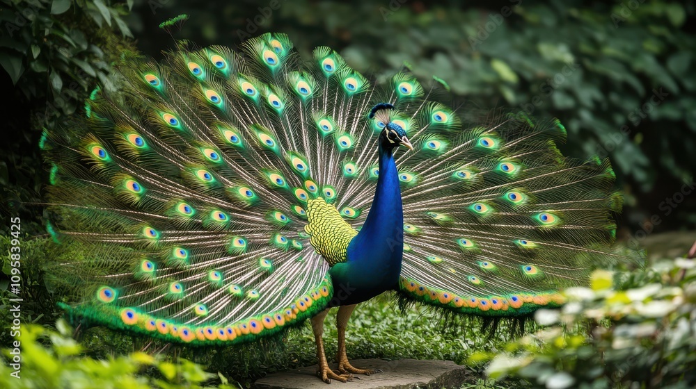 Obraz premium A vibrant peacock fanning out its iridescent tail feathers in a lush garden, with a dazzling array of blues, greens, and golds shimmering in the sunlight.