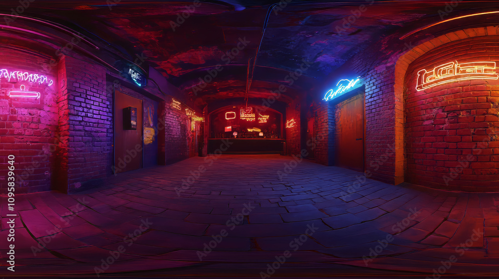 360 degree panorama view.A computer-generated image of a brick room with neon lights. 360 degree panorama view.A computer-generated image of a brick room with neon lights.
