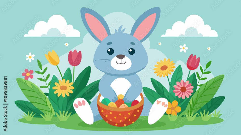 Hand-Drawn Bunny with Easter Egg Basket and Spring Flowers. Perfect for: Easter, Children's events, Spring festivals Hand-Drawn Bunny with Easter Egg Basket and Spring Flowers. Perfect for: Easter, Children's events, Spring festivals