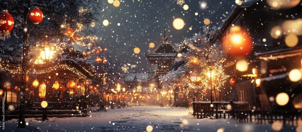 Snowy Christmas village street at night with warm lights and falling snow. Snowy Christmas village street at night with warm lights and falling snow.