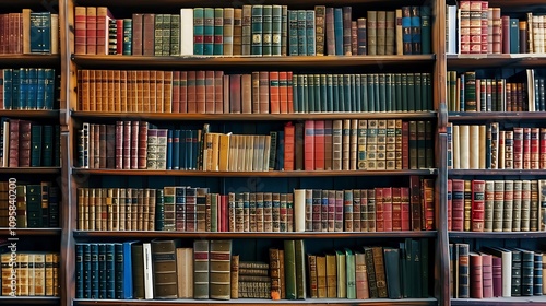 A well-organized bookshelf filled with various books, showcasing a range of colors and bindings.