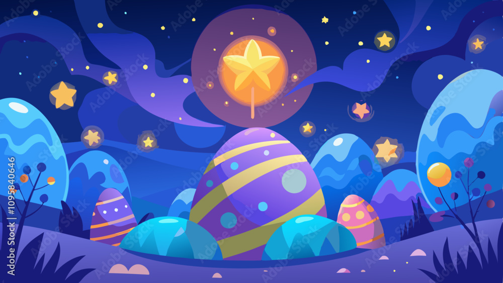 Dreamlike Easter Scene with Glowing Eggs and Twinkling Stars. Perfect for: Easter, Children's stories, Holiday events Dreamlike Easter Scene with Glowing Eggs and Twinkling Stars. Perfect for: Easter, Children's stories, Holiday events