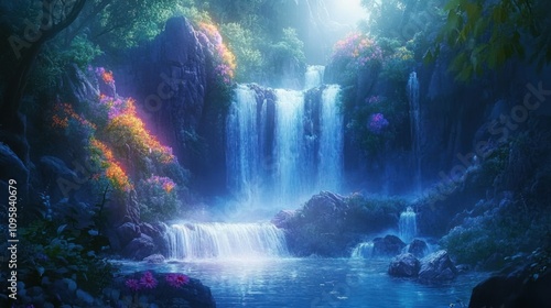 Magical waterfall cascading down rocks into serene pool, surrounded by lush vibrant flowers and foliage in mystical forest.