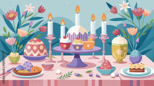 Elegant Easter Table with Candles and Floral Arrangements. Perfect for: Easter, Dinner parties, Wedding decor
