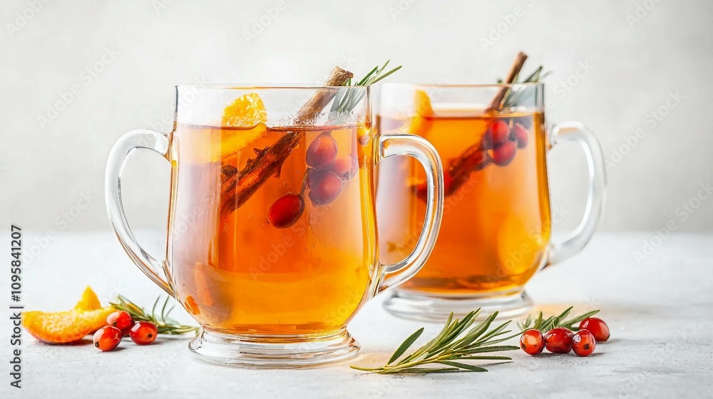 Warm and Inviting Herbal Beverage with Citrus and Spices in Glass Mugs for Cozy Winter Gatherings and Festive Celebrations Warm and Inviting Herbal Beverage with Citrus and Spices in Glass Mugs for Cozy Winter Gatherings and Festive Celebrations