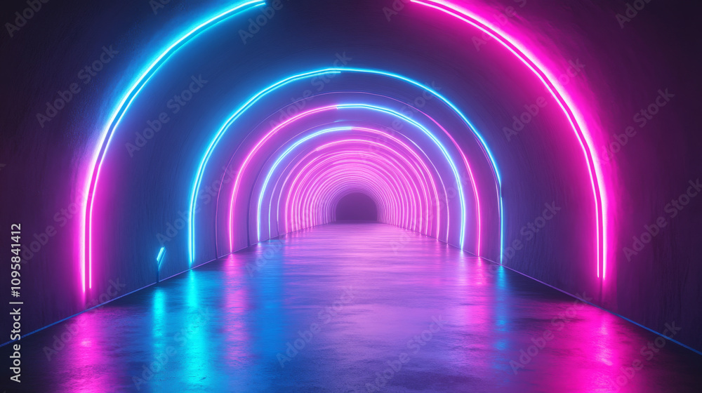 A 3D image shows a futuristic underground tunnel lit with bright blue and pink neon lights. A 3D image shows a futuristic underground tunnel lit with bright blue and pink neon lights.