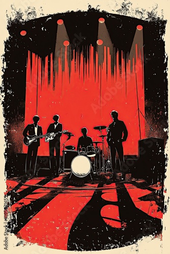 Silhouetted band performing on stage with red lighting.