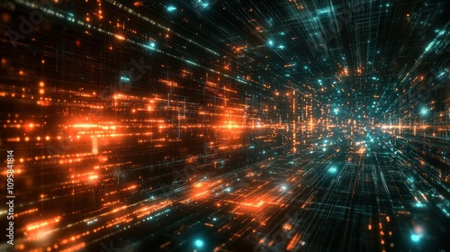 A digital tunnel of vibrant blue and orange lights, suggesting motion and technology.