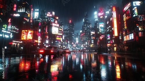 A vibrant, neon-lit cityscape at night with rain-soaked streets reflecting colorful lights.