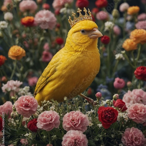 A golden canary wearing a tiny crown, sitting on a throne of flowers.