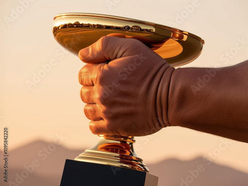 A close-up of a strong, calloused hand gripping a golden trophy under the rays of a bright sunset, with faint mountains in the background photo