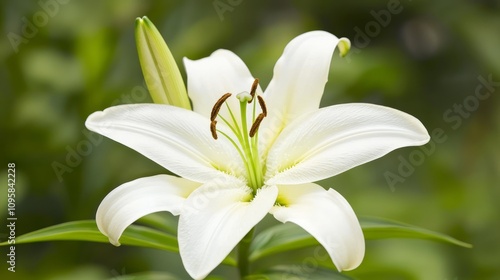 Tranquil Beauty: Close-Up of Delicate Lily Flower with Intricate Petal Structure and Soft Hues in Green Setting