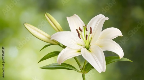 Delicate Lily Flower Close-Up: Intricate Petal Structure in Soft Hues Against Blurred Green Background.