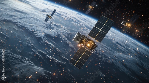 Fototapeta Naklejka Na Ścianę i Meble -  A satellite in orbit around Earth, surrounded by other satellites and space debris.