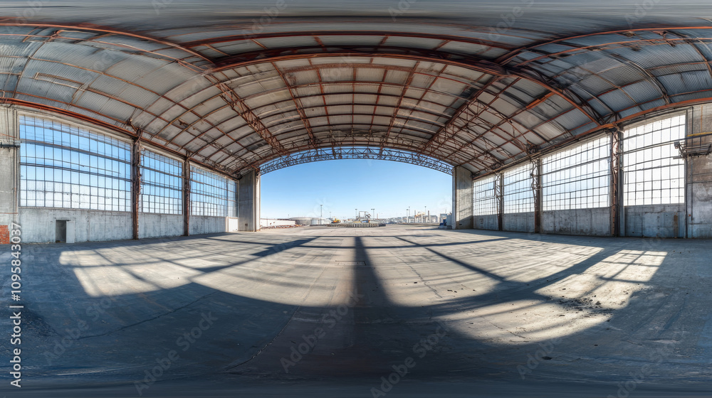 360 degree panorama view.A 3D image shows an empty concrete and metal building. The view is a complete, all-around panorama of the building's exterior against the sky. 360 degree panorama view.A 3D image shows an empty concrete and metal building. The view is a complete, all-around panorama of the building's exterior against the sky.