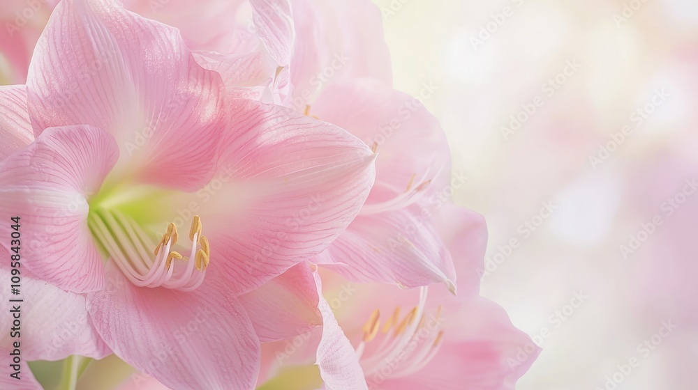 Exquisite Beauty of a Blooming Amaryllis Flower - Close-up Shot with Vibrant Colors and Delicate Details on Blurred Background Exquisite Beauty of a Blooming Amaryllis Flower - Close-up Shot with Vibrant Colors and Delicate Details on Blurred Background