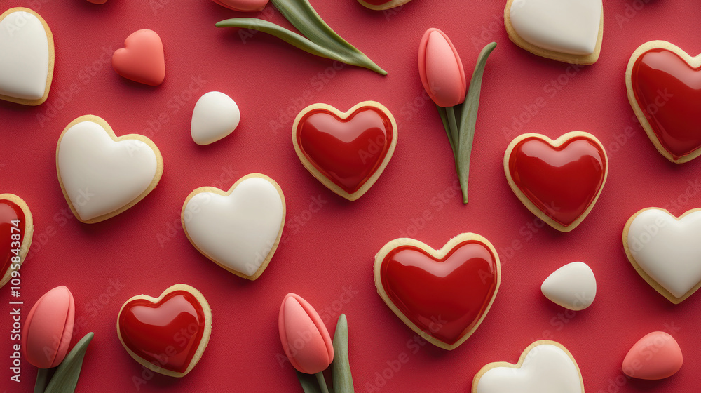 Fototapeta premium Delightful Heart-Shaped Cookies and Tulip-Shaped Candies Perfect for Valentine's Day Celebrations and Sweet Treats for Loved Ones