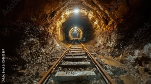 A dimly lit underground tunnel with railway tracks leading into the distance.