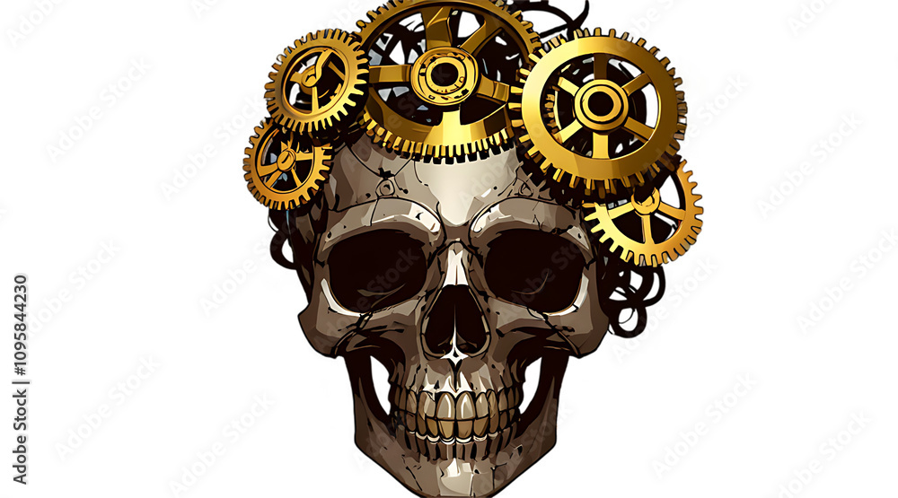 A Metallic Skull with Gears and Cogs Intertwined in Steampunk Style, Isolated PNG A Metallic Skull with Gears and Cogs Intertwined in Steampunk Style, Isolated PNG