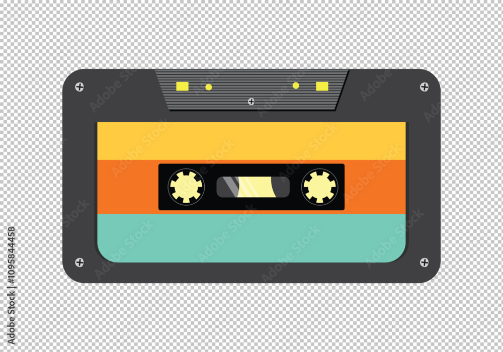Fototapeta premium Realistic Illustration of an Audio Cassette with Tape Spool and Labels. Unspooled Cassette Tape with Tangled Magnetic Ribbon. Classic Magnetic Tape Audio Cassette with Transparent.