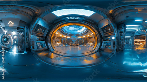 360 degree panorama view.A futuristic, glowing blue space station. It's a 3D image showing a stylish, technologically advanced design.