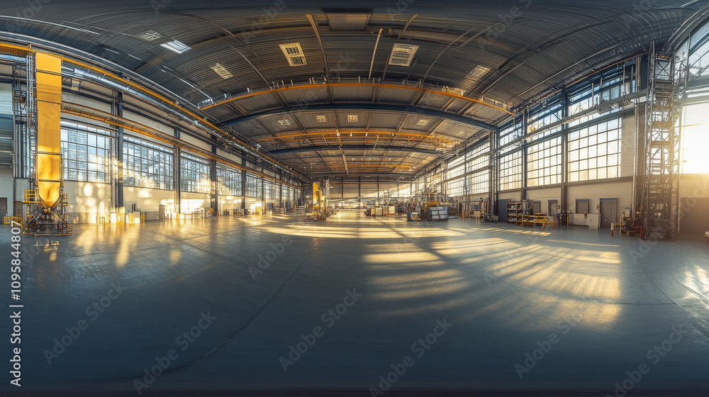 360 degree panorama view.A bright, futuristic warehouse is shown in a 3D image. It has a modern metal design and uses high-dynamic range (HDR) lighting. 360 degree panorama view.A bright, futuristic warehouse is shown in a 3D image. It has a modern metal design and uses high-dynamic range (HDR) lighting.