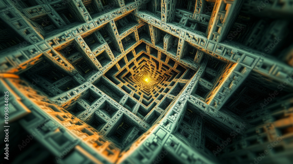 A 3D image shows a modern, abstract design. It's a maze of cubes, a geometric pattern. A 3D image shows a modern, abstract design. It's a maze of cubes, a geometric pattern.