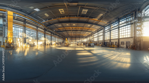 360 degree panorama view.A bright, futuristic warehouse is shown in a 3D image. It has a modern metal design and uses high-dynamic range (HDR) lighting.