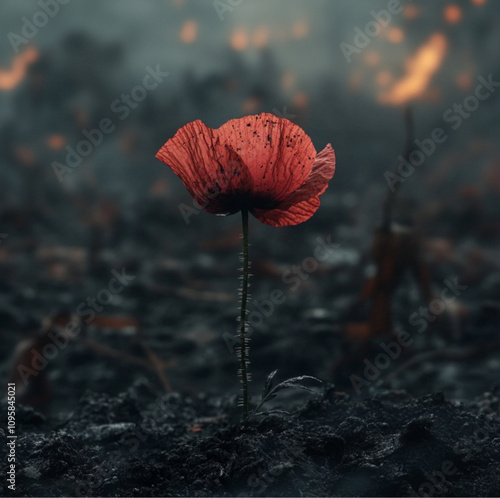 a vibrant red poppy flower, slightly wilted and dirt-stained, mid-air it falls gracefully, abandoned by someone. background dark, burnt, dusty environment, with scattered debris, an ominous atmosphere photo