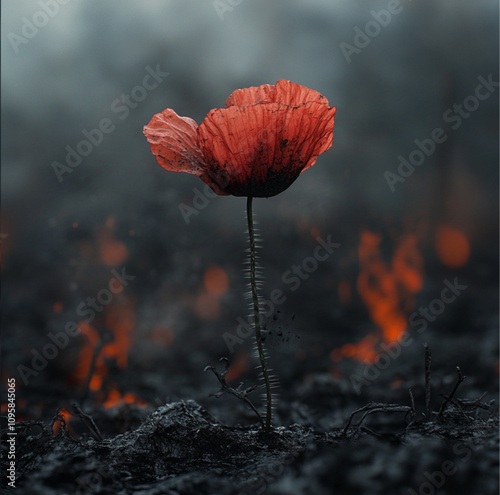 a vibrant red poppy flower, slightly wilted and dirt-stained, mid-air it falls gracefully, abandoned by someone. background dark, burnt, dusty environment, with scattered debris, an ominous atmosphere photo