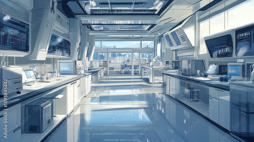 Obraz premium A modern laboratory with advanced equipment and large windows for scientific research.