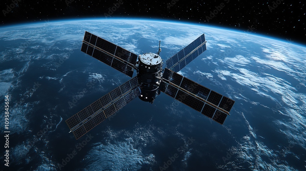 Fototapeta premium A satellite orbiting Earth, equipped with solar panels for energy and communication purposes.