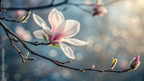 Single magnolia flower on a tree branch with soft background bokeh, highlighting its natural elegance photo