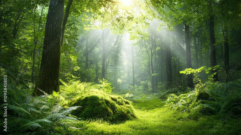 Fototapeta premium Enchanting Forest Paradise: Serene Mossy Ferns in Soft Sunlight | Ultra-Detailed Botanical Wonders Concept
