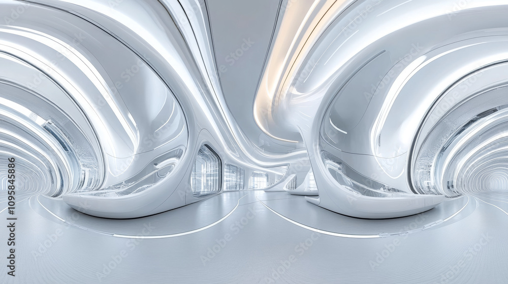 360 Project Look 360 degree panorama view.A 3D image shows the inside of a modern, white ...