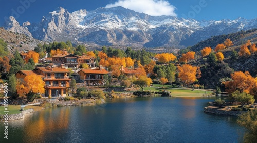 Wallpaper Mural Autumnal Serenity: Lakeside Village Nestled in the Spanish Pyrenees Torontodigital.ca