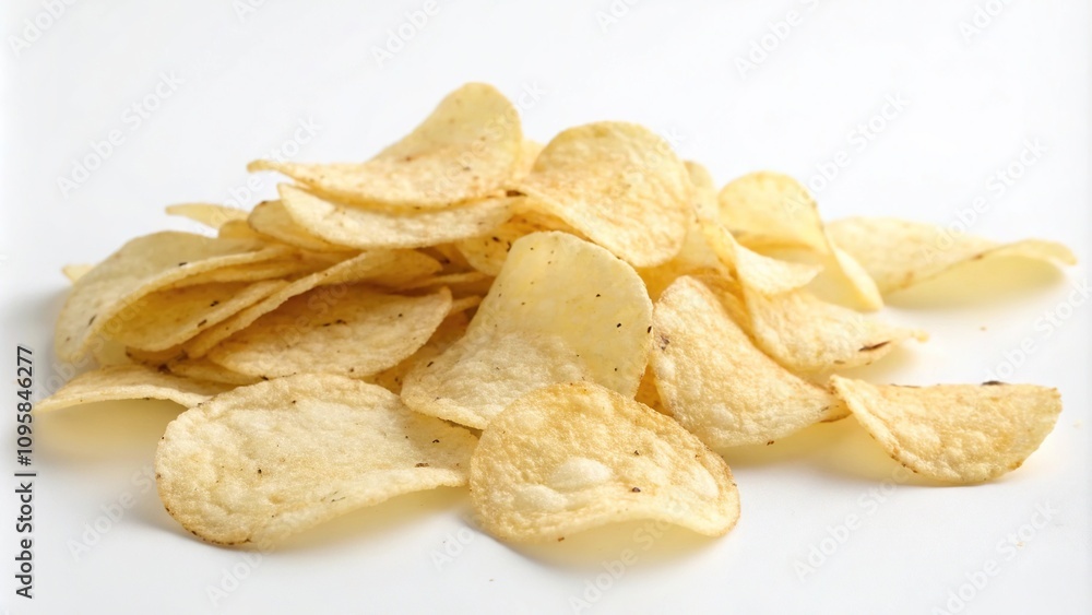 A scattering of salted chips on a plain white background with some chips overlapping each other, kitchen clutter, simple decor, crunchy snacks A scattering of salted chips on a plain white background with some chips overlapping each other, kitchen clutter, simple decor, crunchy snacks