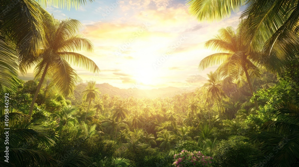 Tropical Paradise: Serene Island Sunset with Towering Palm Trees and Exotic Flowers Tropical Paradise: Serene Island Sunset with Towering Palm Trees and Exotic Flowers