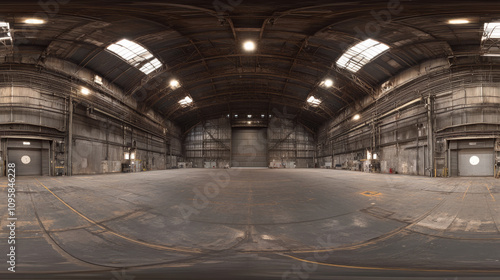 360 degree panorama view.A dark, 3D image shows a large, empty hangar.  It's made of concrete and metal, and you can see the whole space in a panoramic view. photo