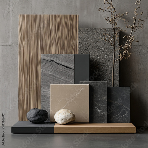 create a sinematic photographic of a material board that contains stone color fabric, stone, mineral plaster, walnut wood parquet, light walnut wood, basalt, concrete, granit porcelene photo