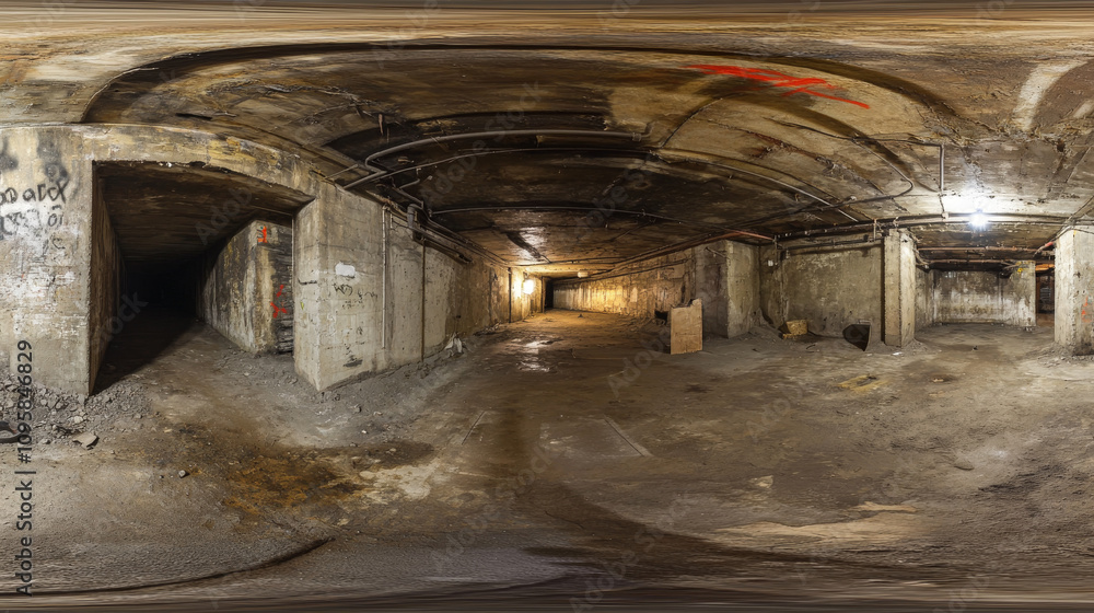 360 degree panorama view.A 3D image shows a dark, empty basement. It's a high-resolution, virtual reality scene offering a complete, panoramic view. 360 degree panorama view.A 3D image shows a dark, empty basement. It's a high-resolution, virtual reality scene offering a complete, panoramic view.