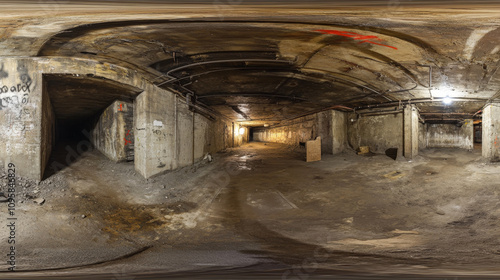 360 degree panorama view.A 3D image shows a dark, empty basement. It's a high-resolution, virtual reality scene offering a complete, panoramic view.