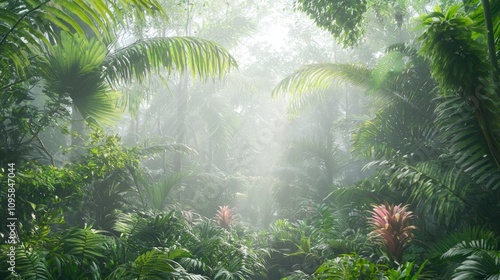 Lush Rainforest Canopy with Giant Leaves and Colorful Flowers in Morning Mist - Botanical Wonderland of Nature's Intricacies