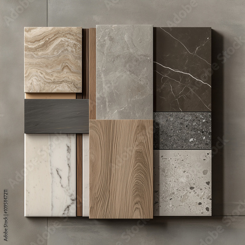 create a sinematic photographic of a material board that contains stone color fabric, stone, mineral plaster, walnut wood parquet, light walnut wood, basalt, concrete, granit porcelene photo