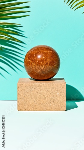 Tranquil Brown Marble Sphere on Beige Block Teal Background Minimalist Still Life photo